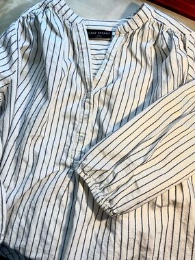 Lane Bryant White Navy Pinstripe Peasant Button-Front Top